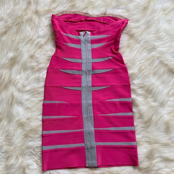 🎉 SALE Herve Leger Pink Grey Bandage Strapless Mini Dress - Picture 4 of 5